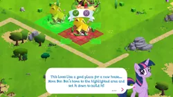 Size: 1280x720 | Tagged: safe, derpibooru import, screencap, twilight sparkle, pony, unicorn, female, game screencap, gameloft, house, mare, speech bubble, tree, unicorn twilight