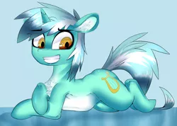 Size: 2636x1876 | Tagged: safe, artist:asherspray, derpibooru import, lyra heartstrings, pony, unicorn, chest fluff, female, mare, pale belly, prone, round ears, smiling, solo