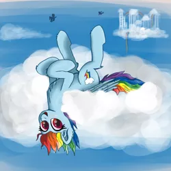 Size: 3000x3000 | Tagged: safe, artist:dosh, derpibooru import, rainbow dash, pegasus, pony, cloud, cloudsdale, legs in air, on back, sky, smiling, solo, upside down