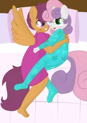 Size: 2337x3300 | Tagged: safe, artist:skyflys, derpibooru import, scootaloo, sweetie belle, anthro, pegasus, plantigrade anthro, unicorn, barefoot, bed, blushing, clothes, cute, feet, female, footed sleeper, image, lesbian, nightgown, one eye closed, open mouth, oversized clothes, oversized shirt, pajamas, png, scootabelle, scootalove, shipping, shirt, smiling, snuggling