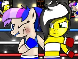 Size: 1600x1200 | Tagged: semi-grimdark, artist:toyminator900, derpibooru import, oc, oc:knock out, oc:uppercute, unofficial characters only, earth pony, pony, boxing, boxing gloves, bruised, clothes, duo, midriff, punch, sports, sports bra
