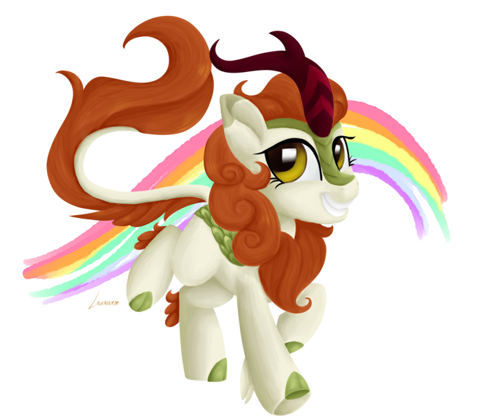 Size: 5609x4934 | Tagged: absurd resolution, artist:lavenderheartsmlp, autumn blaze, derpibooru import, female, kirin, rainbow, safe, simple background, smiling, solo, sounds of silence, transparent background