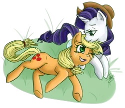 Size: 1500x1300 | Tagged: safe, artist:fnibble, derpibooru import, applejack, rarity, accessory swap, cute, female, jackabetes, lesbian, love, nuzzling, prone, raribetes, rarijack, relaxing, shipping