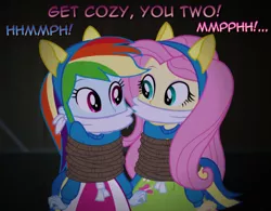 Size: 934x730 | Tagged: suggestive, artist:snakeythingy, derpibooru import, fluttershy, rainbow dash, equestria girls, bondage, bound and gagged, cloth gag, clothes, damsel in distress, dialogue, duo, duo female, female, gag, looking at each other, manip, muffled words, photomanipulation, rope, rope bondage, story included, tied up, uniform, wondercolts uniform
