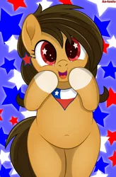 Size: 3100x4738 | Tagged: safe, artist:an-tonio, derpibooru import, oc, oc:chilenia, ponified, unofficial characters only, earth pony, pony, abstract background, belly button, bipedal, chile, chubby, cute, excited, female, looking at you, mare, nation ponies, ocbetes, open mouth, plump, smiling, socks (coat marking), solo, starry eyes, wingding eyes