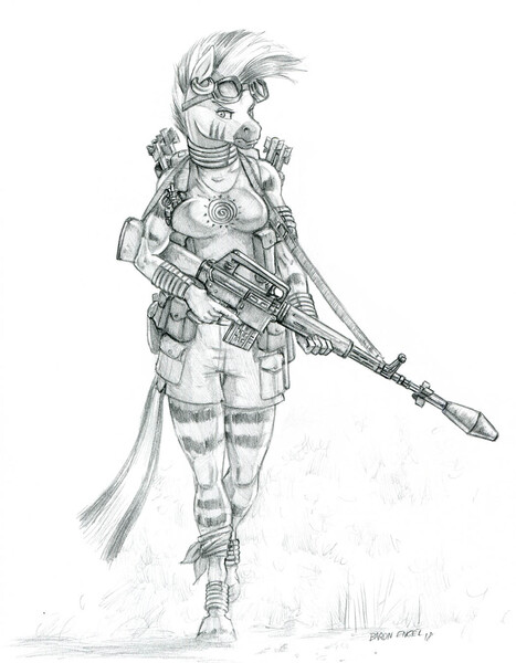Size: 1050x1350 | Tagged: anthro, ar-10, artist:baron engel, boots, clothes, derpibooru import, ear piercing, earring, female, goggles, grayscale, grenade, gun, jewelry, monochrome, pencil drawing, piercing, rifle grenade, safe, shoes, shorts, simple background, solo, traditional art, trigger discipline, unguligrade anthro, weapon, white background, zebra, zecora