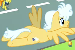 Size: 679x450 | Tagged: safe, derpibooru import, screencap, mountain haze, spitfire, pegasus, pony, top bolt, cropped, cutie mark, female, flying, male, mare, solo focus, stallion