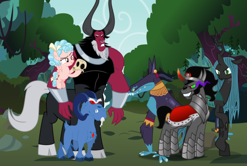 Size: 2990x2005 | Tagged: safe, artist:nukarulesthehouse1, derpibooru import, ahuizotl, cozy glow, grogar, king sombra, lord tirek, queen chrysalis, centaur, changeling, changeling queen, pegasus, pony, sheep, unicorn, school raze, season 8, season 9, leak, spoiler:s09, cloven hooves, fan theory, female, filly, foal, hilarious in hindsight, horn ring, hypothesis, legion of doom, male, meme, menace 6, nose piercing, nose ring, piercing, possible, ram, revenge, sinister six, skull, speculation, spoiler, stallion, villain teamup