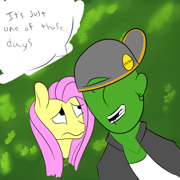 Size: 900x900 | Tagged: 4chan, anonymous artist, backwards ballcap, baseball cap, cap, colored, derpibooru import, drawthread, duo, fluttershy, fred durst, funny as hell, hat, /mlp/, oc, oc:anon, safe, unhappy, we are going to hell