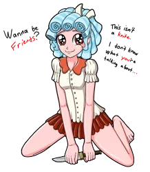 Size: 2688x3080 | Tagged: safe, artist:artemis-polara, derpibooru import, cozy glow, equestria girls, barefoot, bow, clothes, cozybetes, creepy, cute, dialogue, equestria girls-ified, feet, female, freckles, hair bow, knife, legs, looking at you, miniskirt, pleated skirt, simple background, skirt, smiling, solo, text, transparent background, wanna be friends?, yandere, yandereglow