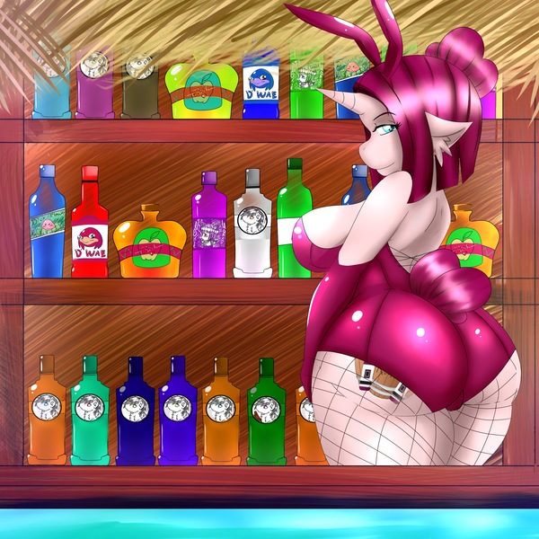 Size: 2300x2300 | Tagged: suggestive, artist:noxiedraws, derpibooru import, oc, oc:red rummy, anthro, bar, bartender, breasts, bunny suit, clothes, crossover, female, fishnets, image, implied applejack, jpeg, meme, meme drink, playboy, playboy bunny, pun, solo, sonic the hedgehog, sonic the hedgehog (series), the ass was fat, thick, ugandan knuckles, visual pun, ych result