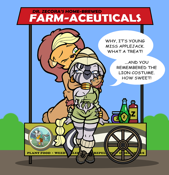 Size: 1000x1038 | Tagged: suggestive, artist:toonbat, derpibooru import, applejack, zecora, anthro, earth pony, zebra, animal costume, applecora, applelion, breasts, cart, clothes, cosplay, costume, female, females only, lesbian, mare, shipping, torn clothes