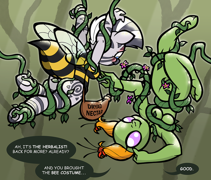 Size: 1000x855 | Tagged: animal costume, anthro, artist:toonbat, bee costume, bondage, breasts, clothes, consentacles, cosplay, costume, derpibooru import, dryad, female, females only, lesbian, suggestive, suspended, suspension bondage, tentacle porn, tentacles, zecora