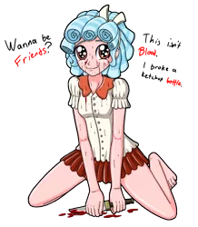 Size: 2688x3080 | Tagged: semi-grimdark, alternate version, artist:artemis-polara, derpibooru import, cozy glow, human, equestria girls, barefoot, blatant lies, blood, bloody knife, breasts, clothes, creepy, equestria girls-ified, feet, female, freckles, humanized, knife, legs, miniskirt, not ketchup, pleated skirt, seems legit, shirt, simple background, skirt, smiling, solo, text, transparent background, wanna be friends?, yandere, yandereglow