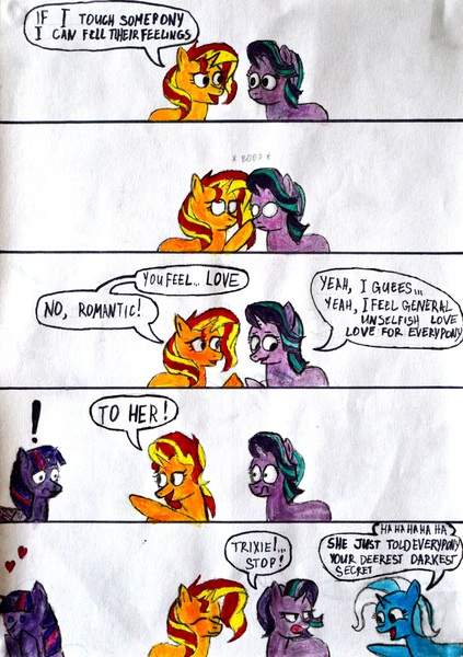 Size: 3824x5424 | Tagged: safe, artist:crosslineanimator, derpibooru import, starlight glimmer, sunset shimmer, trixie, twilight sparkle, twilight sparkle (alicorn), alicorn, pony, unicorn, blushing, boop, comic, dialogue, empathy, female, guardians of the galaxy, heart, inconvenient trixie, lesbian, reference, shipping, traditional art, twistarlight