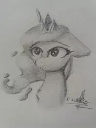 Size: 774x1032 | Tagged: safe, artist:ironbeastz, derpibooru import, princess luna, pony, bust, floppy ears, monochrome, portrait, solo, tongue out, traditional art