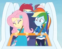 Size: 675x532 | Tagged: safe, derpibooru import, screencap, fluttershy, rainbow dash, roseluck, equestria girls, equestria girls series, rollercoaster of friendship, cropped, eyes closed, female, geode of super speed, magical geodes, roller coaster, scared, smiling