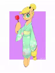 Size: 768x1024 | Tagged: alternate hairstyle, apple, applejack, artist:kagitsuki, artist:rari85beauty2, bipedal, candy apple (food), clothes, cute, derpibooru import, female, food, kimono (clothing), looking at you, safe, semi-anthro, solo