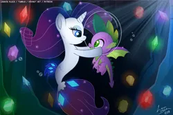 Size: 1600x1067 | Tagged: safe, artist:lennonblack, derpibooru import, rarity, spike, dragon, seapony (g4), blue eyes, bubble, bubble helmet, bubble on head, crystal, female, gem, horn, looking at each other, male, seaponified, seapony rarity, shipping, signature, sparity, species swap, straight, underwater, water, winged spike, wings