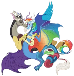 Size: 1134x1155 | Tagged: alternate universe, artist:bijutsuyoukai, colored wings, derpibooru import, digital art, discodash, discord, draconequified, draconequus, female, kissing, male, multicolored wings, rainbow dash, rainbow wings, safe, shipping, simple background, species swap, straight, transparent background, wings