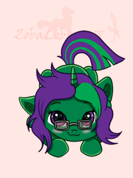 Size: 600x800 | Tagged: safe, artist:zobaloba, derpibooru import, oc, oc:buggy code, unofficial characters only, pony, unicorn, animated, behaving like a cat, blinking, chibi, commission, cute, female, full body, gif, glasses, happy, mare, simple background, solo, tail, ych example, ych result, your character here