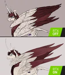 Size: 854x980 | Tagged: safe, artist:dementra369, derpibooru import, edit, oc, oc:fausticorn, unofficial characters only, alicorn, pony, seraph, better version, cloven hooves, detailed, double wings, exploitable meme, horn, large wings, leonine tail, meme, multiple horns, multiple wings, nvidia, progress, rtx, simple background, solo, unshorn fetlocks, wings