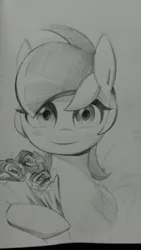 Size: 2340x4160 | Tagged: safe, artist:초보놀이, derpibooru import, roseluck, earth pony, pony, black and white, blushing, bouquet, female, flower, grayscale, mare, monochrome, smiling, solo, traditional art