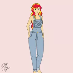 Size: 1000x1000 | Tagged: artist:deltalima, braless, clothes, derpibooru import, female, human, humanized, naked overalls, overalls, safe, signature, simple background, solo, sunset shimmer, white background