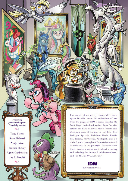 Size: 2550x3600 | Tagged: safe, artist:andypriceart, derpibooru import, idw, applejack, derpy hooves, discord, lyra heartstrings, nightmare moon, octavia melody, pinkie pie, princess celestia, princess luna, queen chrysalis, spike, vinyl scratch, zecora, alicorn, changeling, changeling queen, dragon, earth pony, pony, unicorn, zebra, american gothic, art, art is magic, art museum, beret, bowtie, bust, clothes, ear piercing, earring, easel, female, golden apple, hat, indiana jones, jack nicholson, jacket, jewelry, leg rings, magic, male, mare, mask, museum, neck rings, open mouth, paintbrush, painting, piercing, raiders of the lost ark, royal sisters, statue, statue discord, telekinesis, the joker, vandalism