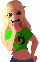 Size: 1242x1920 | Tagged: safe, artist:7los7, derpibooru import, applejack, equestria girls, belly button, blonde, clothes, hatless, looking at you, midriff, missing accessory, shocked, short shirt, simple background, solo, transparent background