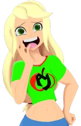 Size: 1242x1920 | Tagged: safe, artist:7los7, derpibooru import, applejack, equestria girls, belly button, blonde, clothes, hatless, looking at you, midriff, missing accessory, shocked, short shirt, simple background, solo, transparent background