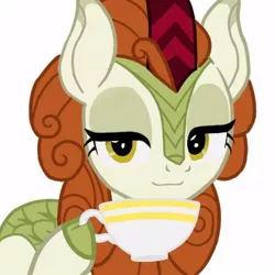 Size: 480x480 | Tagged: artist needed, safe, derpibooru import, edit, autumn blaze, kirin, sounds of silence, cup, hoof hold, lidded eyes, needs more jpeg, simple background, smiling, smug, solo, teacup, white background