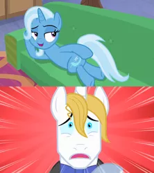 Size: 1280x1440 | Tagged: safe, derpibooru import, edit, edited screencap, screencap, prince blueblood, trixie, pony, unicorn, road to friendship, the best night ever, bluetrix, couch, draw me like one of your french girls, exploitable meme, female, looking back, male, mare, meme, prone, shipping, stallion, straight, sultry pose