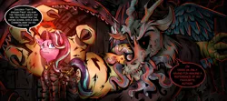 Size: 1500x666 | Tagged: safe, alternate version, artist:brother-lionheart, derpibooru import, discord, starlight glimmer, draconequus, pony, unicorn, armor, bag, black sclera, body horror, clothes, darkest dungeon, eldritch abomination, female, glowing horn, h.p. lovecraft, lovecraft, magic, male, mare, red eyes, saddle bag, speech bubble, tentacles