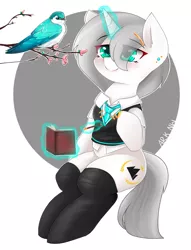 Size: 1300x1700 | Tagged: safe, artist:ark nw, derpibooru import, oc, oc:elisabeth helaku, unofficial characters only, bird, pony, unicorn, clothes, cute, cutie mark, drawing, ear piercing, female, glowing horn, green eyes, hairpin, looking up, magic, mare, piercing, smiling, socks, solo, stockings, telekinesis, thigh highs, uniform