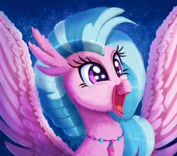 Size: 2000x1759 | Tagged: safe, artist:discorded, derpibooru import, silverstream, classical hippogriff, hippogriff, bust, cheek fluff, chest fluff, cute, diastreamies, female, fluffy, happy, jewelry, neck fluff, necklace, open mouth, smiling, solo, sparkles, spread wings, wing fluff, wings