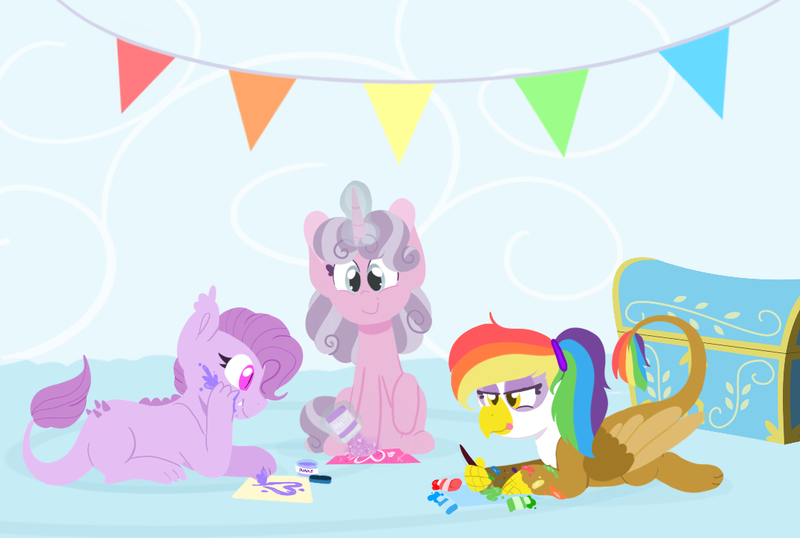 Size: 1117x751 | Tagged: safe, artist:bubaiuv, deleted from derpibooru, derpibooru import, oc, oc:lavender, oc:quartz horn, oc:rainbow feather, crystal pony, dracony, dragon, gryphon, hippogriff, hybrid, pony, unicorn, drawing, friendship, glitter, interspecies offspring, magical lesbian spawn, next generation, offspring, paint, parent:gilda, parent:rainbow dash, parent:rarity, parent:spike, parents:gildash, parents:sparity