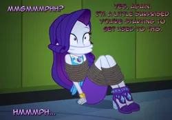 Size: 1044x728 | Tagged: suggestive, artist:snakeythingy, derpibooru import, rarity, best trends forever, equestria girls, equestria girls series, bondage, bound and gagged, canterlot high, cloth gag, clothes, damsel in distress, dialogue, gag, high heels, lockers, manip, muffled words, photomanipulation, rope, rope bondage, shoes, story included, tied up