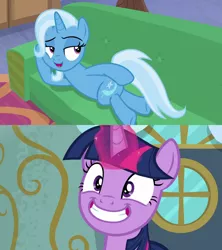 Size: 1280x1440 | Tagged: safe, derpibooru import, edit, edited screencap, screencap, trixie, twilight sparkle, pony, unicorn, road to friendship, top bolt, couch, draw me like one of your french girls, exploitable meme, female, lesbian, looking back, mare, meme, out of context, prone, shipping, sultry pose, this will end in snu snu, twixie