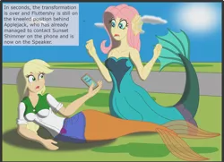 Size: 3080x2224 | Tagged: safe, artist:physicrodrigo, derpibooru import, edit, editor:rmzero, part of a set, applejack, fluttershy, mermaid, series:equestria mermaids, equestria girls, clothes, cloud, coast, curse, cursed, day, dialogue, dress, implied sunset shimmer, mermaidized, mobile phone, ocean, part of a series, phone, smartphone, species swap, text