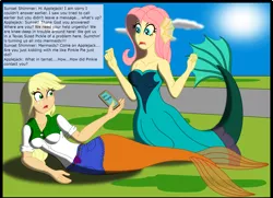 Size: 3080x2224 | Tagged: safe, artist:physicrodrigo, derpibooru import, edit, editor:rmzero, part of a set, applejack, fluttershy, mermaid, series:equestria mermaids, equestria girls, clothes, cloud, coast, curse, cursed, day, dialogue, dress, implied pinkie pie, implied sunset shimmer, mermaidized, mobile phone, ocean, part of a series, phone, smartphone, species swap, text