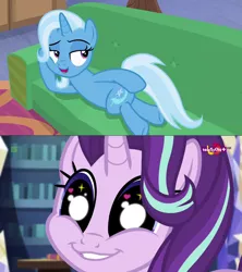 Size: 1280x1440 | Tagged: safe, derpibooru import, starlight glimmer, trixie, pony, unicorn, equestria girls, mirror magic, road to friendship, spoiler:eqg specials, couch, crossing the memes, draw me like one of your french girls, female, glimmie, heart eyes, lesbian, looking back, mare, meme, prone, shipping, startrix, sultry pose, wingding eyes