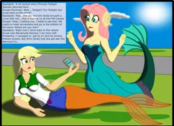 Size: 3080x2224 | Tagged: safe, artist:physicrodrigo, derpibooru import, edit, editor:rmzero, part of a set, applejack, fluttershy, mermaid, series:equestria mermaids, equestria girls, clothes, cloud, coast, curse, cursed, day, dialogue, dress, implied pinkie pie, implied sunset shimmer, implied twilight sparkle, mermaidized, mobile phone, ocean, part of a series, phone, smartphone, species swap, text