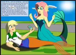 Size: 3080x2224 | Tagged: safe, artist:physicrodrigo, derpibooru import, edit, editor:rmzero, part of a set, applejack, fluttershy, mermaid, series:equestria mermaids, equestria girls, clothes, cloud, coast, curse, cursed, day, dialogue, dress, implied pinkie pie, implied scootaloo, implied sunset shimmer, mermaidized, mobile phone, ocean, part of a series, phone, smartphone, species swap, text