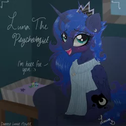 Size: 2250x2250 | Tagged: safe, artist:darkest-lunar-flower, derpibooru import, princess luna, alicorn, pony, clothes, cute, dialogue, female, mare, psychologist, signature, solo, sweater