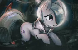 Size: 1555x1001 | Tagged: safe, artist:mirroredsea, derpibooru import, marble pie, earth pony, pony, astronaut, curious, cute, female, frown, hair over one eye, helmet, leaning, looking at something, marblebetes, mare, solo, space helmet, spaceship, spacesuit