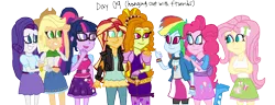 Size: 3024x1164 | Tagged: safe, artist:ktd1993, derpibooru import, adagio dazzle, applejack, fluttershy, pinkie pie, rainbow dash, rarity, sci-twi, sunset shimmer, twilight sparkle, equestria girls, 30 day otp challenge, female, humane five, humane seven, humane six, lesbian, shipping, sunsagio