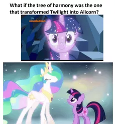 Size: 1340x1460 | Tagged: safe, derpibooru import, edit, edited screencap, screencap, princess celestia, tree of harmony, twilight sparkle, alicorn, pony, unicorn, magical mystery cure, season 3, season 8, what lies beneath, spoiler:s08, celestial plane, ethereal mane, female, mare, nickelodeon, op might be on to something, princess celestia's special princess making dimension, sparkles, theory, treelight sparkle, unicorn twilight, what if