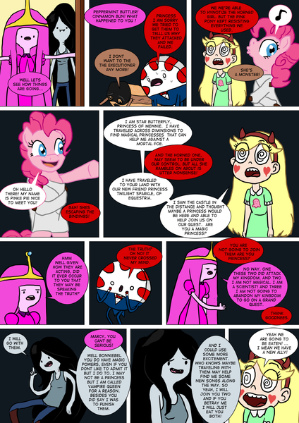 Size: 800x1133 | Tagged: safe, artist:imbriaart, derpibooru import, pinkie pie, earth pony, pony, comic:magic princess war, adventure time, bondage, cinnamon bun, comic, crossover, food, marceline, peppermint butler, princess bubblegum, star butterfly, star vs the forces of evil, straitjacket