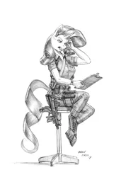 Size: 950x1389 | Tagged: safe, artist:baron engel, derpibooru import, rarity, anthro, unguligrade anthro, unicorn, belt, boots, boots on hooves, clipboard, clothes, earpiece, fatigues, female, grayscale, gun, headset, monochrome, open mouth, pants, pencil drawing, pp-2000, rolled up sleeves, shoes, simple background, sitting, sketch, stool, submachinegun, traditional art, watch, weapon, white background